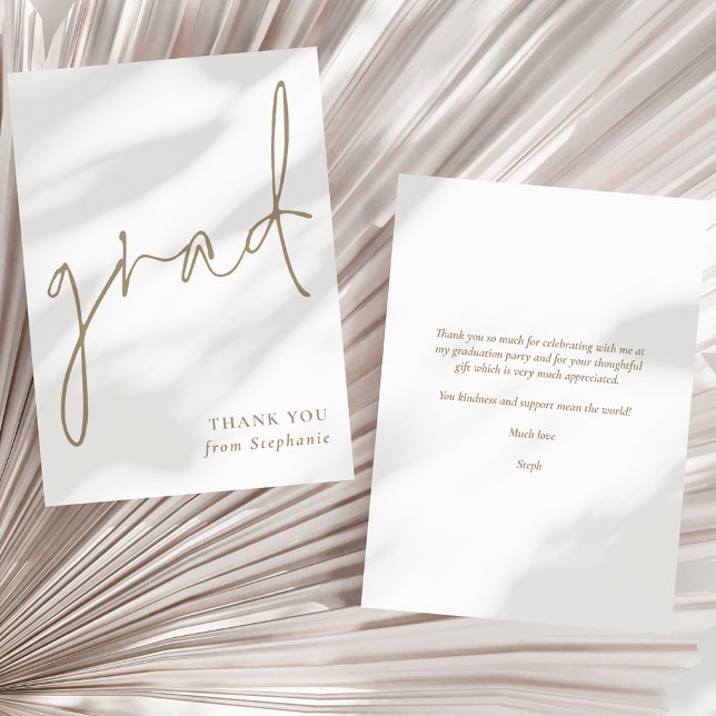 Grad Gold Script Graduation Thank You Card (Front and back view)