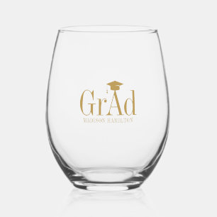 Grad: Gold Typography Name Graduation Hat Stemless Wine Glass