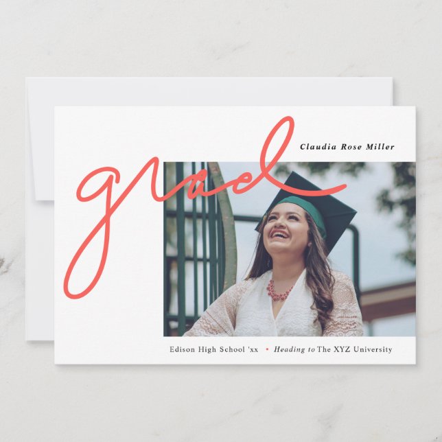 Grad Handwritten in Coral Modern Photo Graduation Announcement (Front)