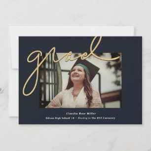 Grad Handwritten in Gold on Navy Photo Graduation Announcement