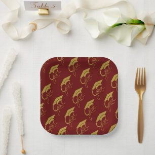 Grad Modern Gold Pattern Graduation Party Paper Plate