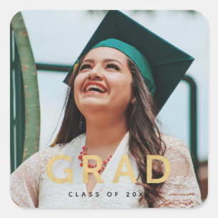 Grad Modern Gold Personalised Photo Graduation Square Sticker