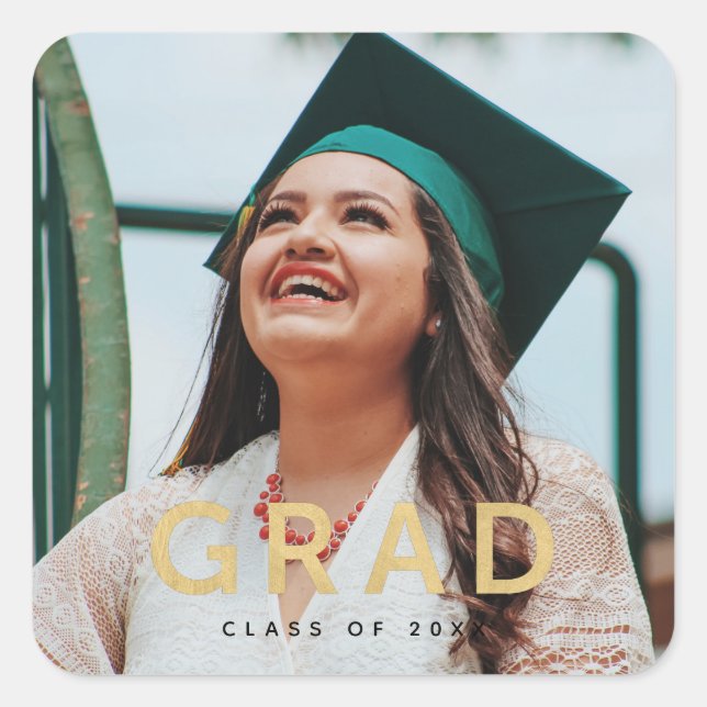Grad Modern Gold Personalised Photo Graduation Square Sticker (Front)