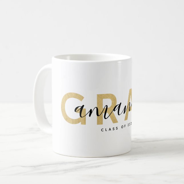 Grad Modern Script Name Personalised Gold Black Coffee Mug (Front Left)