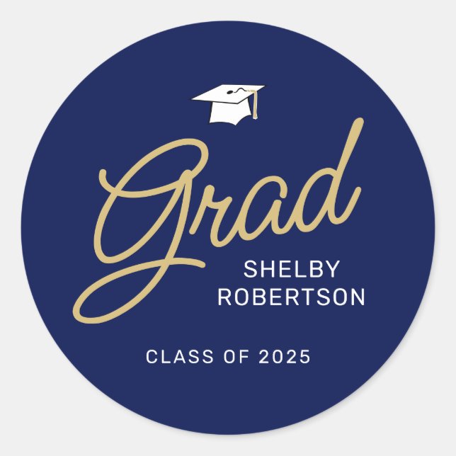 Grad Modern Script Navy Blue Graduation Classic Round Sticker (Front)