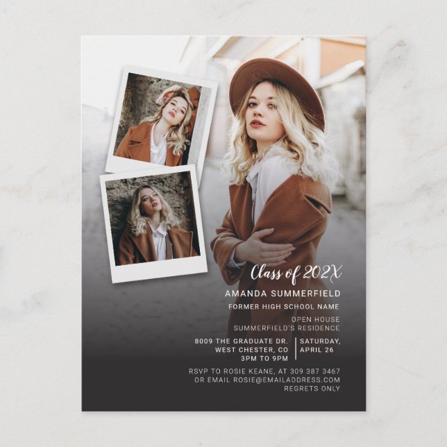 Grad Multi Photo Script Graduation 2026 Party Invitation Postcard (Front)