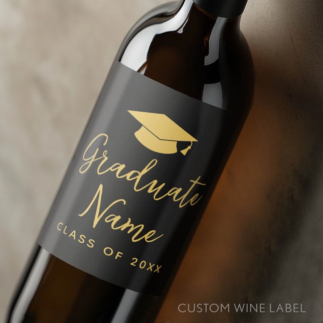 Grad Name Script with Cap - Black Gold Graduation Wine Label (Custom Graduation Wine Label - Celebrate the Graduate!)