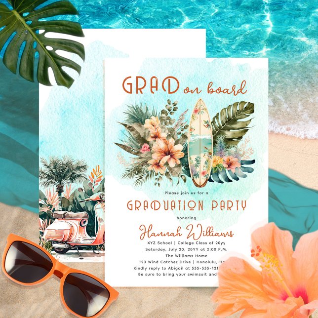 Grad on Board Tropical Surf Graduation Party Invitation (Creator Uploaded)