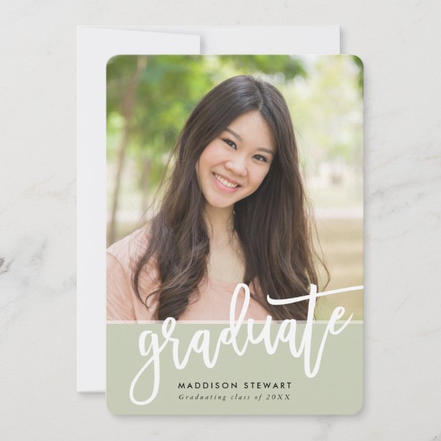 GRAD PARTY chic photo white calligraphy sage green Invitation (Front)