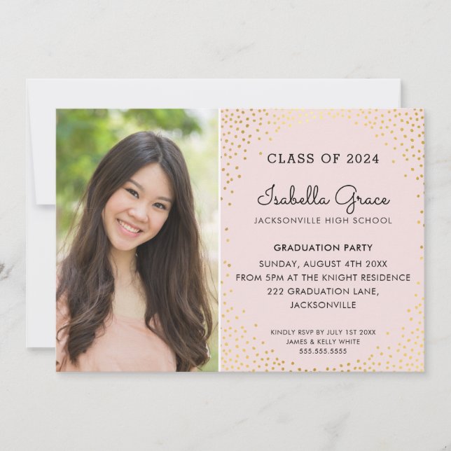 GRAD PARTY glam gold confetti stylish photo pink Invitation (Front)
