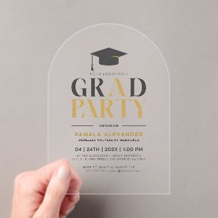 Grad Party Gold Gray Retro Typography Acrylic Invitations