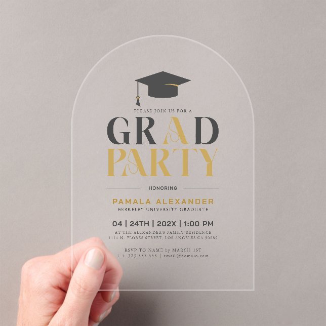 Grad Party Gold Gray Retro Typography Acrylic Invitations (Insitu (Handheld))