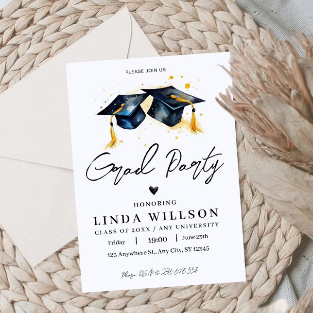 Grad Party Graduation Hat Watercolor Invitation (Creator Uploaded)