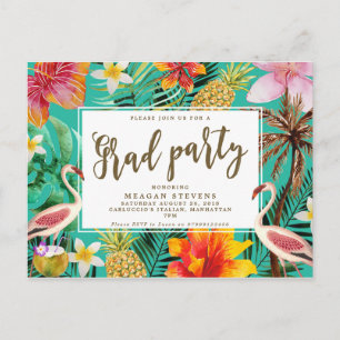 Grad Party invitation tropical flamingo hibiscus Postcard