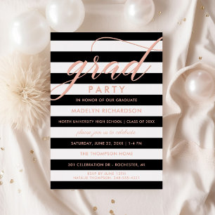 Grad Party Modern Black Stripes Rose Gold Foil