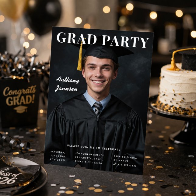Grad Party Photo Graduation Invite (Graduation party photo invitation with bold black and gold celebration styling)