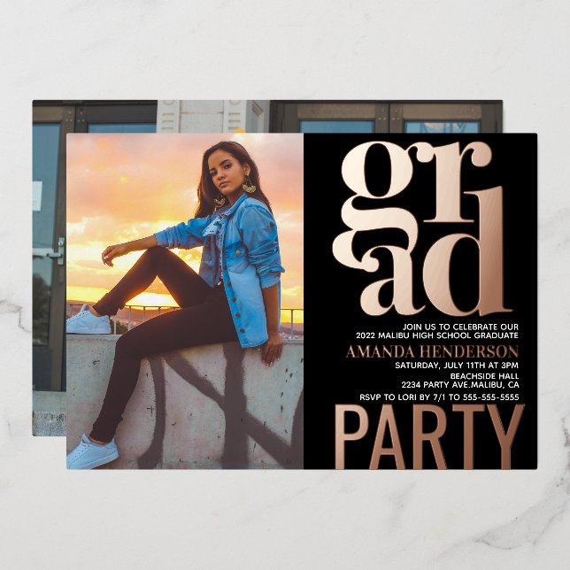 Grad Party Photo Real Foil Invitation (Front/Back)