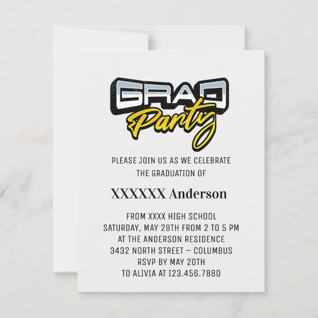 Grad Party Script Gold Black and White RSVP Card (Front)