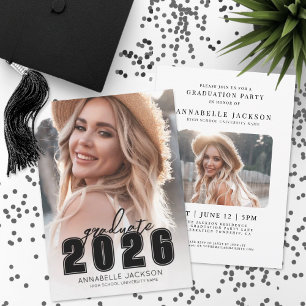 Grad Party Simple Black White Photo Graduation Invitation