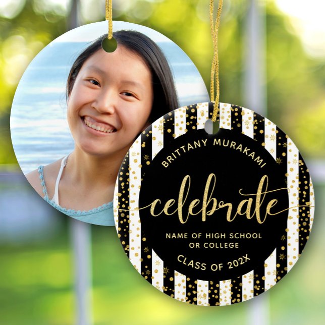Grad photo black gold glitter script keepsake chic ceramic ornament (Creator Uploaded)