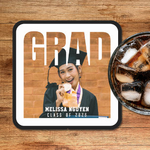Grad Photo Black Graduation Square Paper Coaster
