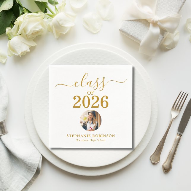 Grad Photo Class of 2026 Gold Script Graduation  Napkin (Creator Uploaded)