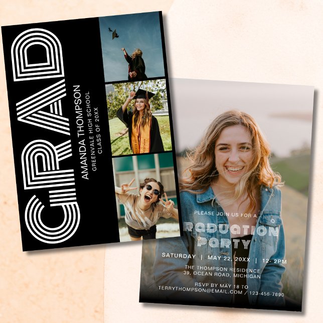 Grad Photo Collage Black Gold Graduation Invitation (Creator Uploaded)