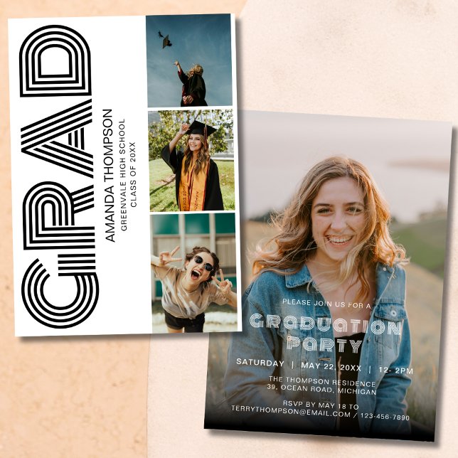 Grad Photo Collage White Gold Graduation Invitation (Creator Uploaded)