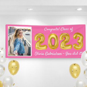 Grad Photo Gold Balloons 2022 Pink Graduation Banner