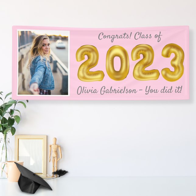 Grad Photo Gold Balloons 2024 Pink Graduation Bann Banner (Creator Uploaded)