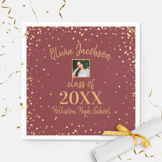 Grad Photo Gold Confetti Graduation Party Burgundy Napkin (Creator Uploaded)