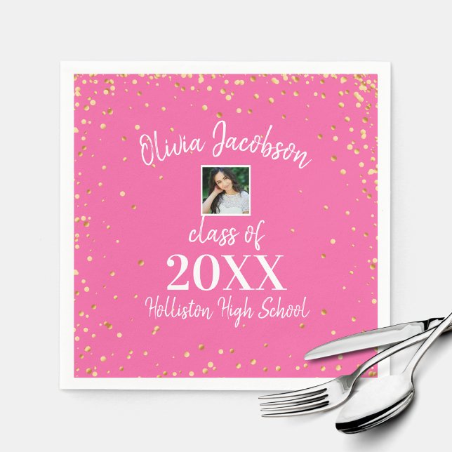 Grad Photo Gold Confetti Graduation Party Pink Napkin (Creator Uploaded)