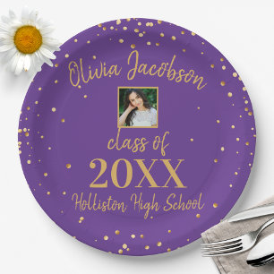 Grad Photo Gold Confetti Graduation Party Purple Paper Plate