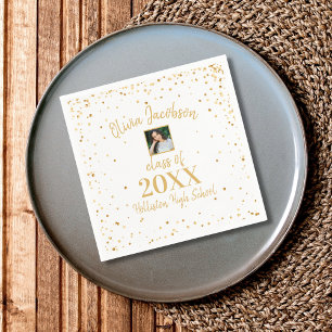 Grad Photo, Gold Confetti, Graduation Party White Napkin