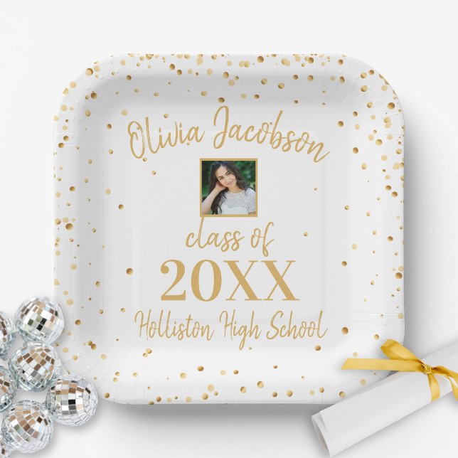 Grad Photo Gold Confetti Graduation Party White  Paper Plate (Creator Uploaded)