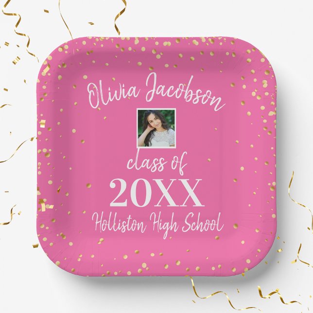 Grad Photo, Gold Confetti, Pink Graduation Party Paper Plate (Creator Uploaded)