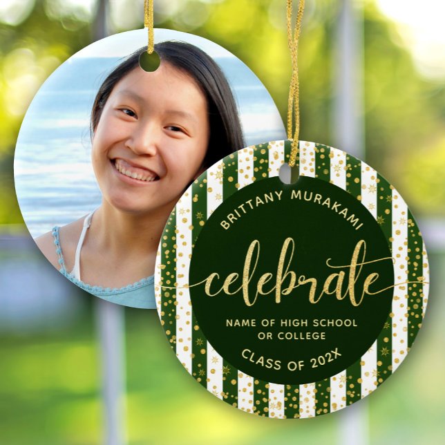 Grad Photo Green Gold Glitter Script Keepsake Chic Ceramic Ornament (Creator Uploaded)
