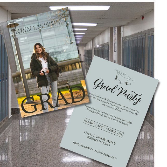 GRAD Photo Party Green Gray Invite (Creator Uploaded)