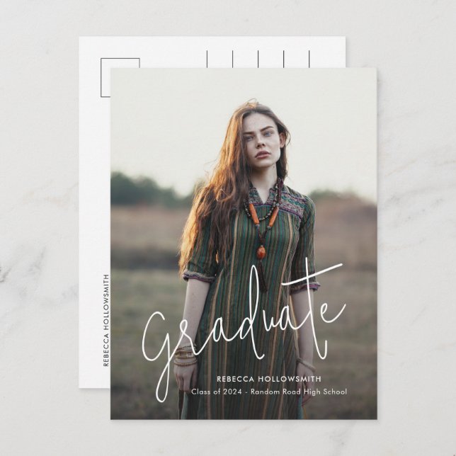 Grad Photo Script Graduation Announcement Postcard (Front/Back)
