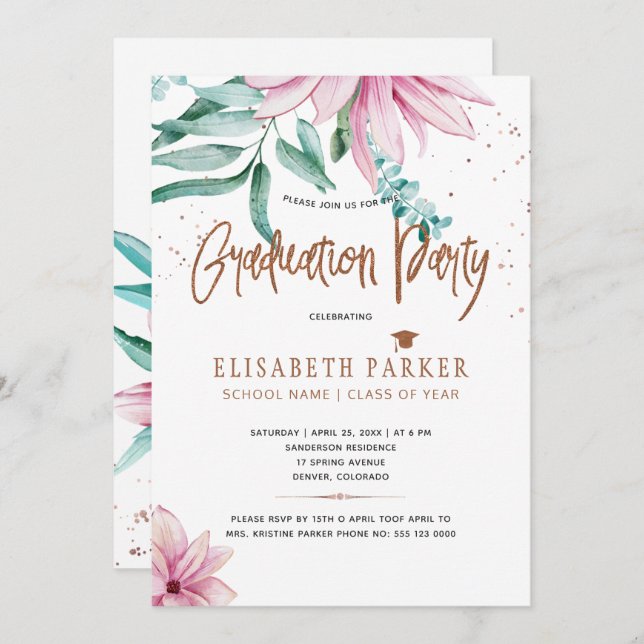 Grad pink floral copper glitter graduation party invitation (Front/Back)