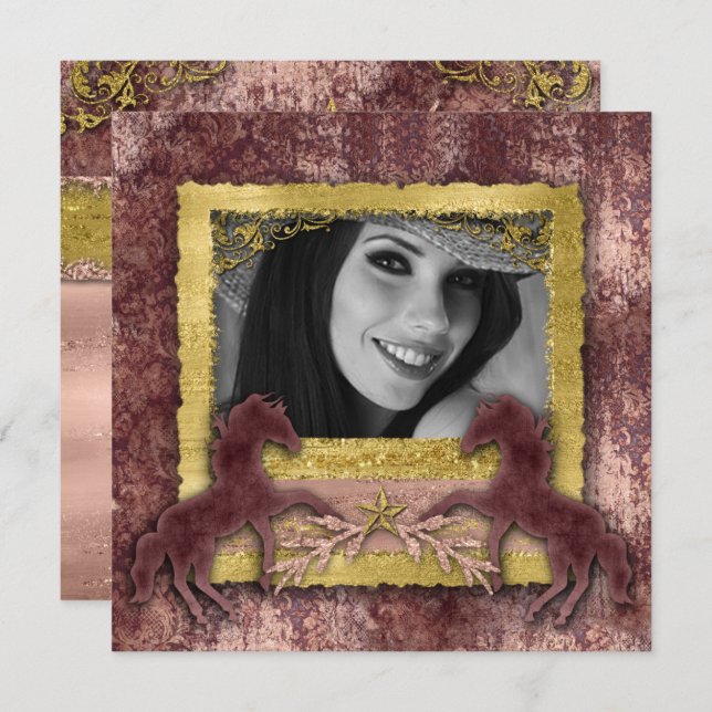 Grad Rose Gold Vintage Horse Western Invite (Front/Back)