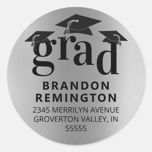 GRAD Silver Black Cap Return Address Classic Round Sticker (Front)
