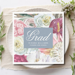 Grad Watercolor Floral Elegant Modern Graduation Napkin