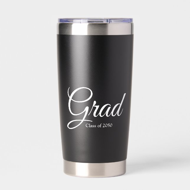 Grad white black custom script class year elegant insulated tumbler (Front)