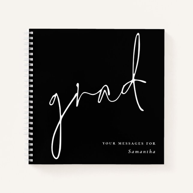 Grad White Script Black Graduation Guest Book (Front)