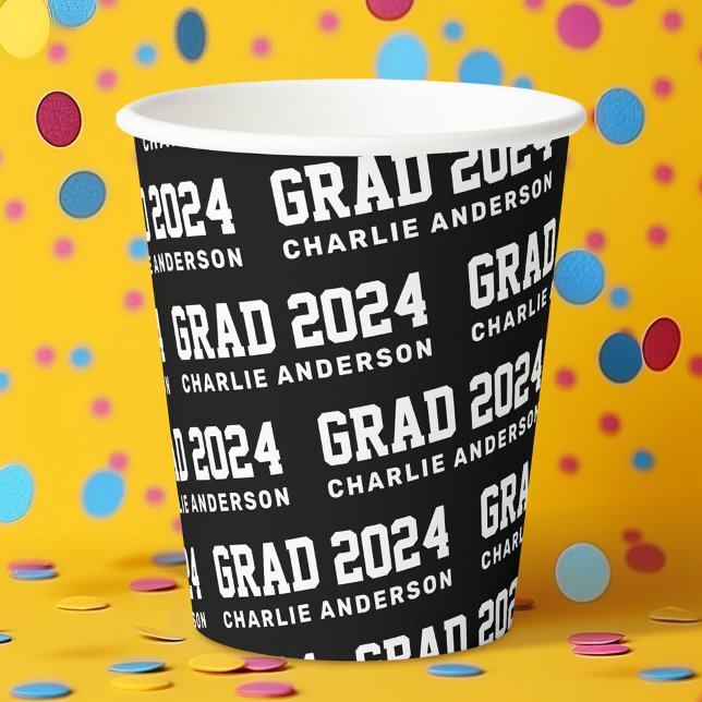Grad year 2024 graduate name black white paper cups (Grad year 2024 graduate name black white paper cups)