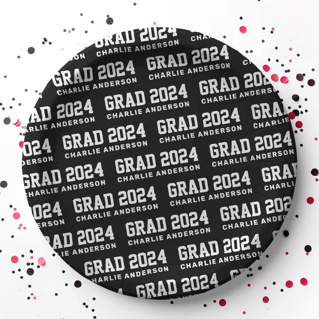 Grad year 2024 graduate name black white paper plate (Grad year 2024 graduate name black white paper plates)