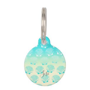 Gradient aqua blue and yellow seashell pattern pet tag