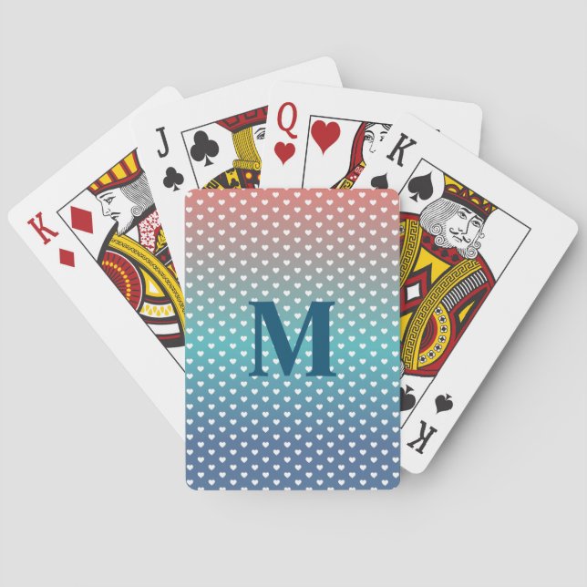 Gradient Blue and Orange Simple Hearts Pattern Playing Cards (Back)