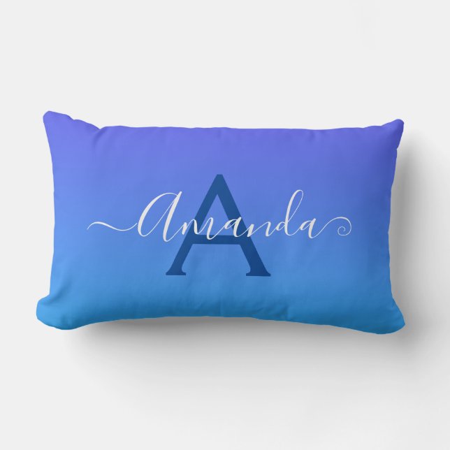 Gradient Blue elegant Monogram and name Lumbar Cushion (Front)